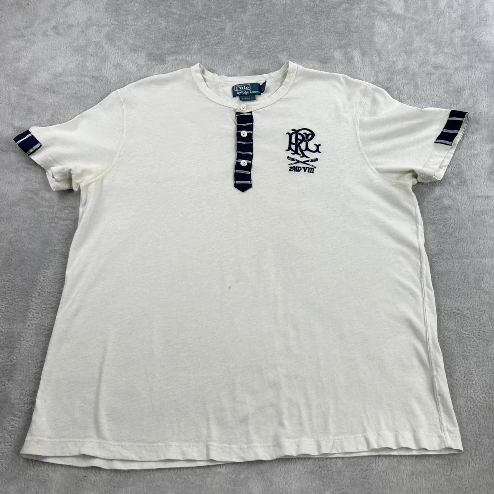 Polo Ralph Lauren RRL Crest Henley 2XL White Men Vintage Collegiate Streetwear